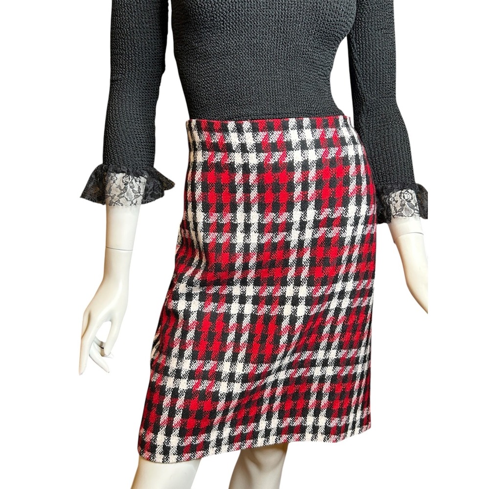 Talbots Size 12P Merry Plaid Houndstooth Red Plaid Pencil Skirt Wool
